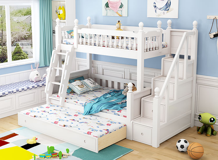 橡膠木羅馬柱梯柜子母床