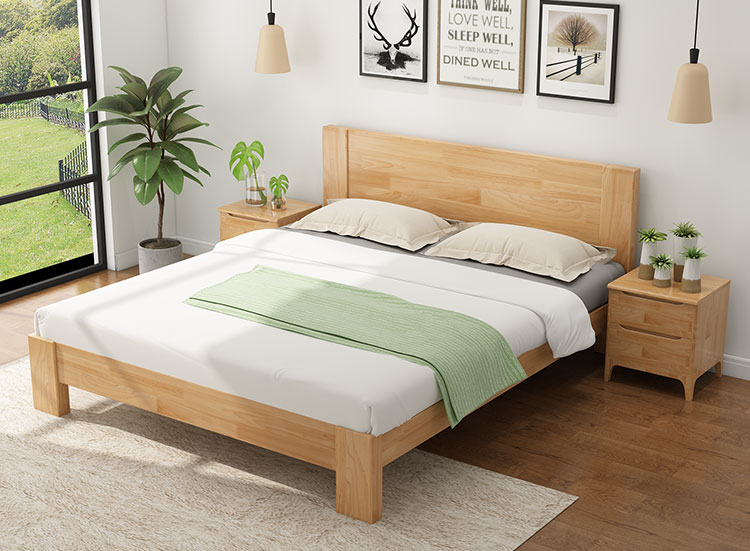 橡膠木雙人床實木靠背